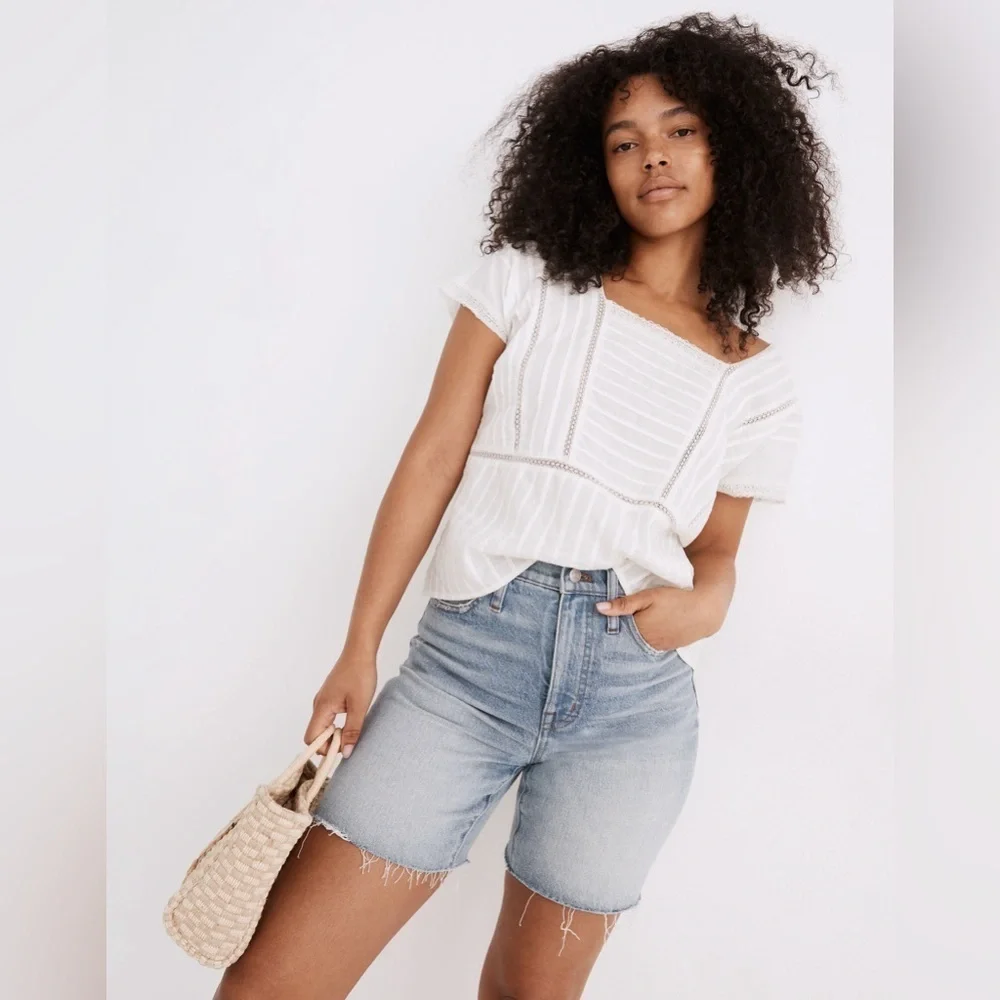 Madewell Blue Denim Jean HIGH Rise Mid Lenght Shorts Cotton Blend Raw Hem